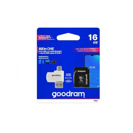 16GB microSDHC Goodram UHS-I CL10 memóriakártya + OTG kártyaolvasó (M1A4-0160R12)