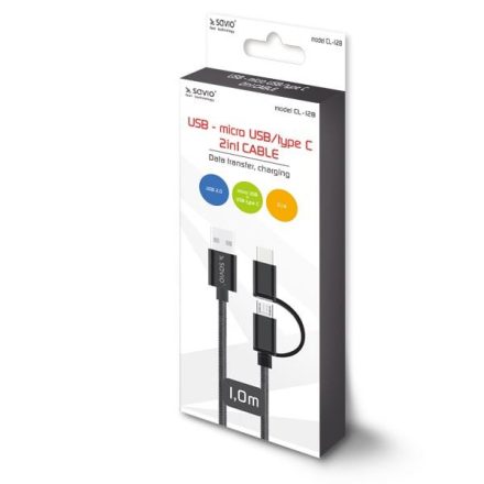 Savio CL-128 2in1 USB-A - micro USB / USB-C kábel  1m