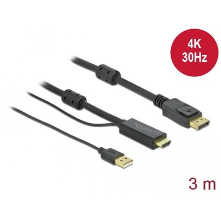 Delock 85965 HDMI-A -> DisplayPort kábel USB-A tápellátással 3m fekete