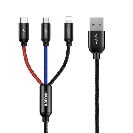 Baseus 3 az 1-ben USB-A --> USB-C/Lightning/Micro USB kábel 0,3 m fekete (CAMLT-ASY01)