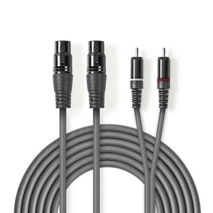 Nedis XLR 3-Pin Aljzat x2, RCA Dugasz x2, PVC, nikkelezett, szimmetrikus audió kábel, 1.5m, sötét szürke (COTH15230GY15)