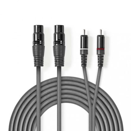 Nedis XLR 3-Pin Aljzat x2, RCA Dugasz x2, PVC, nikkelezett, szimmetrikus audió kábel, 3m, sötét  szürke (COTH15230GY30)