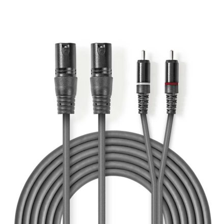 Nedis XLR 3-tűs Dugasz x2, RCA Dugasz x2, PVC, nikkelezett,szimmetrikus audió kábel, 1.5m, sötét szürke (COTH15210GY15)