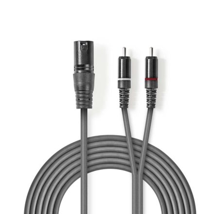 Nedis XLR 3-Tűs Dugasz, RCA Dugasz x2, PVC, nikkelezett, szimmetrikus audió kábel, 1.5m, sötét szürke