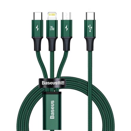 Baseus Rapid Series USB-C 3 az 1-ben kábel, mikro USB, Lightning, USB-C, 20 W, 1.5m, zöld (CAMLT-SC06)