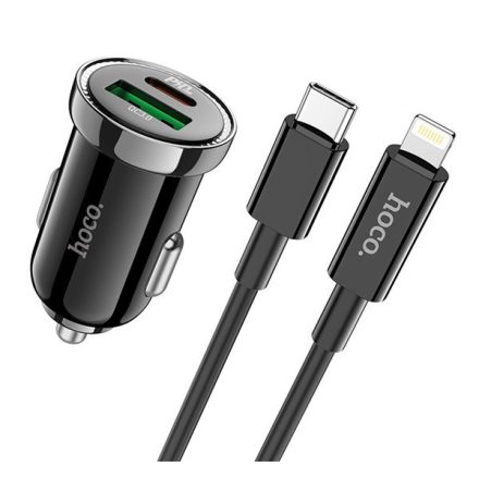 HOCO Z44 autós töltő USB / Type-C aljzat (5V / 3000 mA, PD gyorstöltés tám. + Type-C - lightning 8pin kábel) FEKETE (Z44_B_TYPEC)