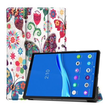 Tok álló, bőr hatású (FLIP, oldalra nyíló, TRIFOLD asztali tartó funkció, színes pillangó minta) FEHÉR [Lenovo Tab M10 FHD Plus ...