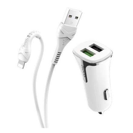 HOCO Z31 autós töltő 2 USB aljzat (5V / 3400mA, 18W, gyorstöltés támogatás, QC3.0 + lightning 8pin kábel) FEHÉR (Z31_LIGHTNING_W)