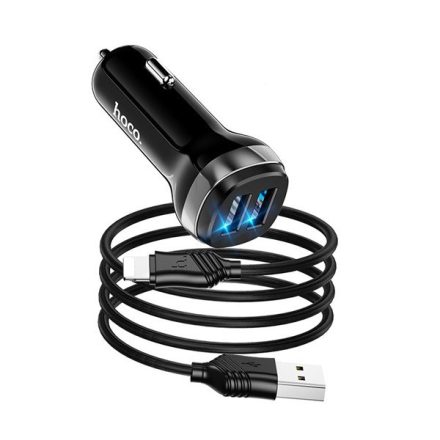 HOCO Z40 autós töltő 2 USB aljzat (5V / 2400mA, gyorstöltés támogatás, LED jelzés + lightning 8pin kábel) FEKETE (Z40_LIGHTNING_B)