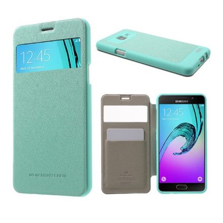 MERCURY Wow Bumper tok álló, bőr hatású (FLIP, oldalra nyíló, S-View cover, textil minta) CYAN [Samsung Galaxy A5 (2016) SM-A510F]