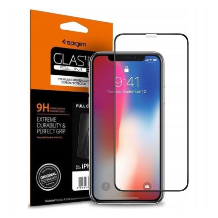 SPIGEN FC képernyővédő üveg (2.5D, ujjlenyomatmentes, extra karcálló, 9H, ultravékony, 0.3mm, színkiemelés) FEKETE [Apple iPhone 11]