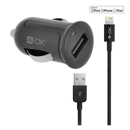 4-OK autós töltő USB aljzat (5V / 2400mA, MFi Apple engedélyes, IPCMB5 utódja + lightning 8pin kábel) FEKETE (IPCM25)