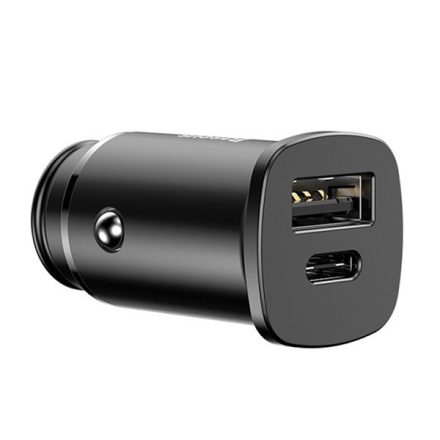 BASEUS autós töltő USB aljzat / Type-C aljzat (30W, PD gyorstöltés támogatás) FEKETE (BS-C15C_B)