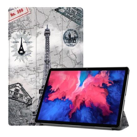 Tok álló, bőr hatású (aktív FLIP, oldalra nyíló, TRIFOLD asztali tartó funkció, Eiffel torony, térkép minta) SZÜRKE [Lenovo Tab P11 ...