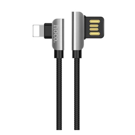 HOCO U42 adatátvitel kábel (USB - lightning 8pin, gyorstöltés támogatás, 120cm, 90 fokos, cipőfűző minta) FEKETE (U42_LIGHT_B)