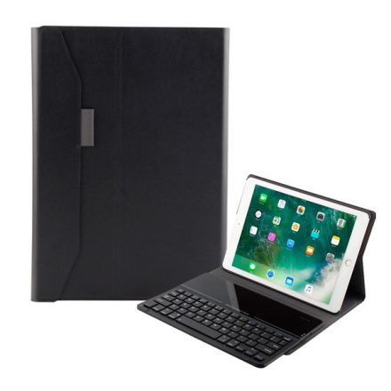 Tok álló, bőr hatású (FLIP, kivehető bluetooth billentyűzet, asztali tartó funkció, QWERTY, angol nyelvű) FEKETE [Apple IPAD 9.7 (2018)]