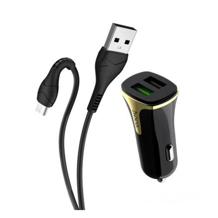 HOCO Z31 autós töltő 2 USB aljzat (5V / 3400mA, 18W, gyorstöltés támogatás, QC3.0 + microUSB kábel) FEKETE (Z31_MICROUSB_B)