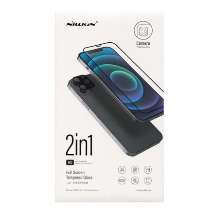 NILLKIN képernyővédő üveg 2in1 (3D full cover, íves, karcálló, 0.33mm, 9H + kameravédő fólia) FEKETE [Apple iPhone 12 Pro Max]