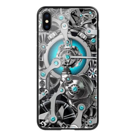 NILLKIN SPACETIME telefonvédő szilikon keret (BUMPER, közepesen ütésálló, edzett üveg hátlap, fogaskerék minta) FEKETE [Apple iPhone XS Max ...