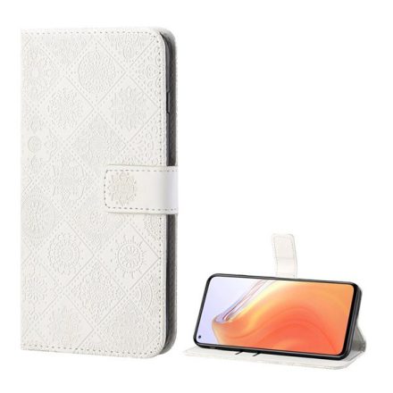 Tok álló, bőr hatású (FLIP, oldalra nyíló, asztali tartó funkció, 3D hatás, virág minta) FEHÉR [Xiaomi Mi 10T Pro 5G]