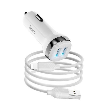 HOCO Z40 autós töltő 2 USB aljzat (5V / 2400mA, gyorstöltés támogatás, LED jelzés + lightning 8pin kábel) FEHÉR (Z40_LIGHTNING_W)