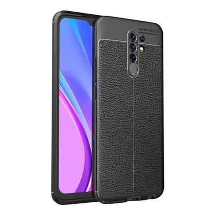 Szilikon telefonvédő (közepesen ütésálló, bőr hatású, varrás minta) FEKETE [Xiaomi Redmi 9]