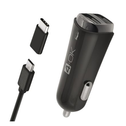 4-OK autós töltő 2 USB aljzat (5V / 3400mA + Type-C adapter + microUSB kábel) FEKETE (CMM3AX)