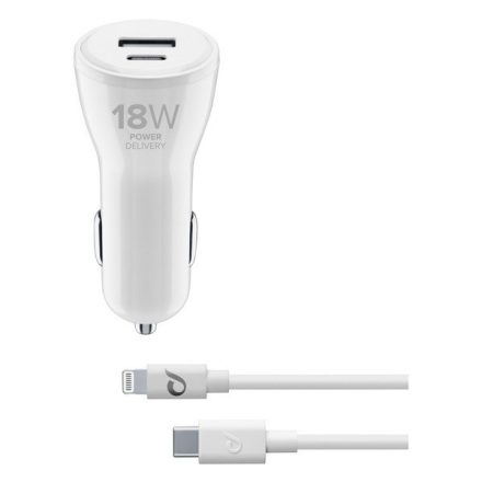 CELLULARLINE autós töltő USB / Type-C aljzat (5V / 3000 mA, 18+12W, gyorstöltés + Type-C - lightning 8pin kábel) FEHÉR (CBRIPHKITC2L2PD30W)