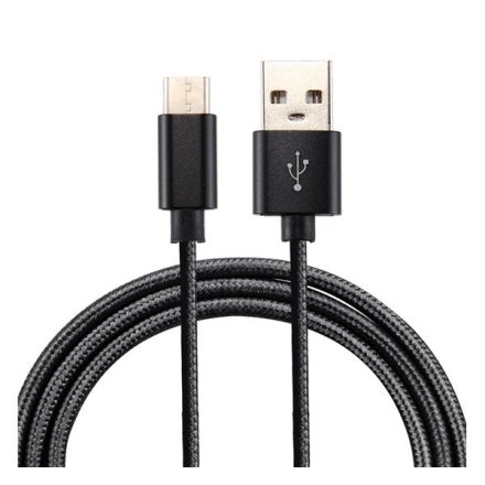 Adatkábel és töltő (USB - Type-C, 100cm, szőtt / cipőfűző minta) FEKETE