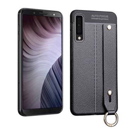 Szilikon telefonvédő (közepesen ütésálló, asztali tartó funkció, bőr hatású, varrás minta + kézpánt) FEKETE [Samsung Galaxy A7 (2018) ...