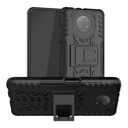 Defender műanyag telefonvédő (közepesen ütésálló, szilikon belső, kitámasztó, autógumi minta) FEKETE [Xiaomi Redmi Note 9T 5G]