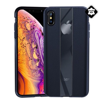 Szilikon telefonvédő (valódi bőr bevonat, csíkos) SÖTÉTKÉK [Apple iPhone XS 5.8]