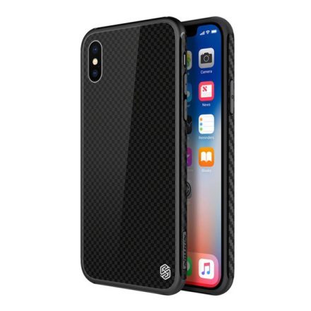 NILLKIN TEMPERED PLAID telefonvédő szilikon keret (BUMPER, edzett üveg hátlap, négyzet minta) FEKETE [Apple iPhone XS 5.8]