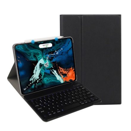 Tok álló, bőr hatású (FLIP, kivehető bluetooth billentyűzet, asztali tartó funkció, QWERTY, angol nyelvű) FEKETE [Apple IPAD Pro 11 (2018)]