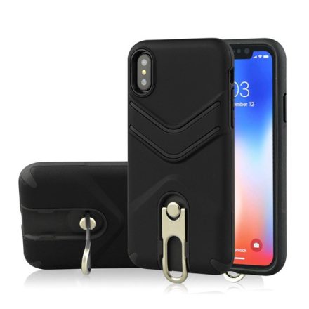 Defender műanyag telefonvédő (közepesen ütésálló, gumírozott, fém kitámasztó) FEKETE [Apple iPhone XR 6.1]