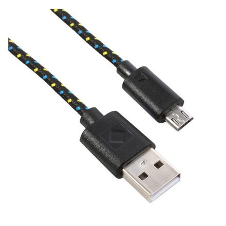 Adatkábel és töltő (USB - microUSB, 200cm, szőtt / cipőfűző minta) FEKETE