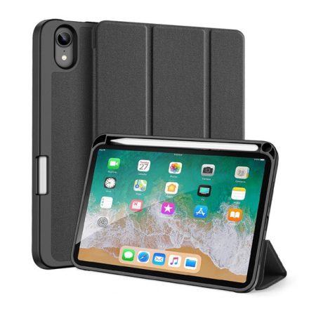 DUX DUCIS DOMO tok álló, bőr hatású (aktív FLIP, oldalra nyíló, TRIFOLD Apple pencil tartó, textil minta) FEKETE [Apple IPAD mini 6 (2021)]