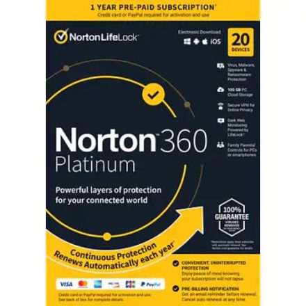 NortonLifeLock Norton 360 Platinum 100GB 1 felhasználó 20 eszköz 1 év dobozos vírusirtó szoftver (21428042)