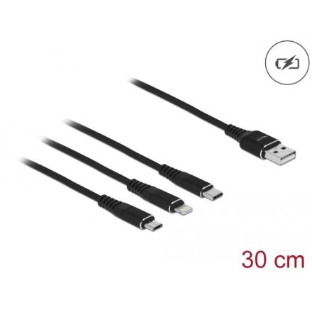 Delock 87152 3az1-ben USB Type-A - Lightning/MicroUSB/USB Type-C töltőkábel 30cm fekete