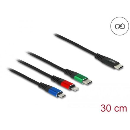 Delock 86820 3az1-ben USB Type-C - Lightning/MicroUSB/USB Type-C töltőkábel 30cm fekete