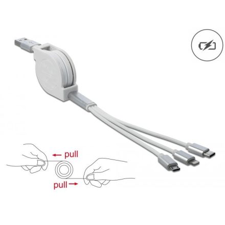 Delock 3az1-ben USB Type-A - Lightning/MicroUSB/USB Type-C visszahúzható töltőkábel fehér (85850)