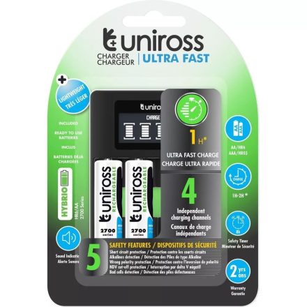 Uniross ULTRA processzoros AA/AAA gyorstöltő 4db 2700mAh AA akkumulátorral (UCU005A)