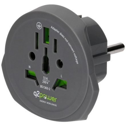 Q2 Power földelt utazó adapter Világ --> Európa (1.100100-TH)