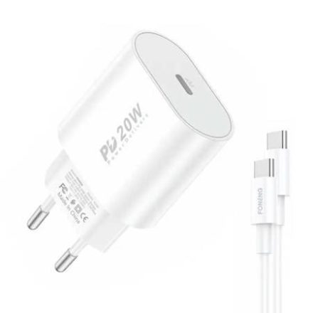 Foneng EU20 hálózati töltő + USB-C - USB-C kábel fehér (EU39 Type-C to Type)