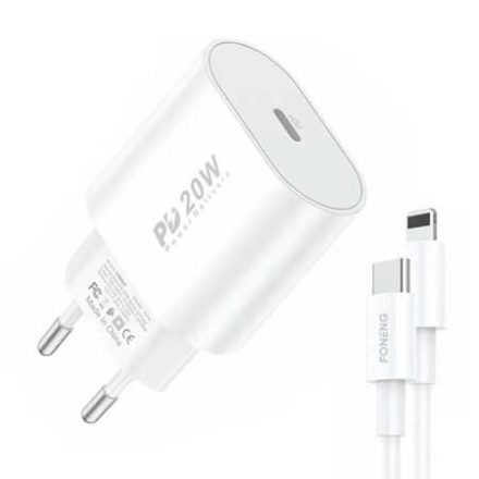 Foneng EU39 hálózati töltő + USB-C -Lightning kábel fehér (EU39 Type-C to iPhon)