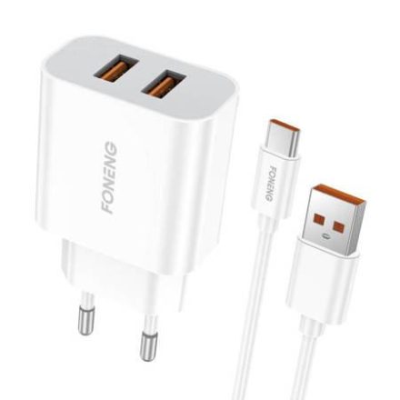 Foneng EU45 2xUSB-A hálózati töltő + USB-A - USB-C kábel fehér (EU45 Type-C)