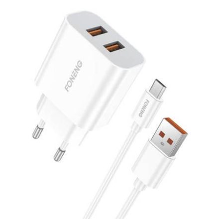 Foneng EU45 2xUSB-A hálózati töltő + USB-A - MicroUSB kábel fehér (EU45 Micro)