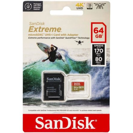 64GB microSDXC Sandisk Extreme ActionCam V30 U3 A2 + adapter (SDSQXAH-064G-GN6AA)