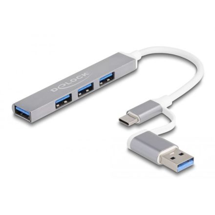 Delock 4 portos vékony USB Hub USB Type-C  vagy USB A-típusú - 3 x USB 2.0 Type-A csatlakozóhüvely + 1 x USB 5 Gbps Type-A csatlakozóhüvely