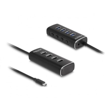 Delock 4 portos USB 10 Gbps hub USB Type-C , 60 cm hosszú kábellel és az egyes portokhoz tartozó kapcsolóval (64233)